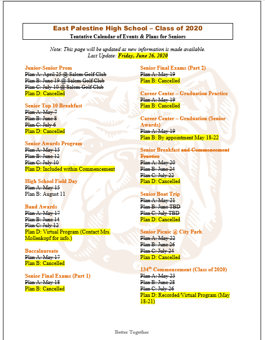 Tentative Senior Calendar of Events (Updated)